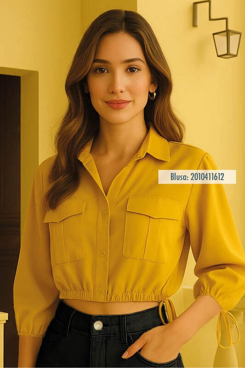 Carregar imagem 1 na visualização da galeria. Blusa Camisa Cropped Com Mangas Volumosas