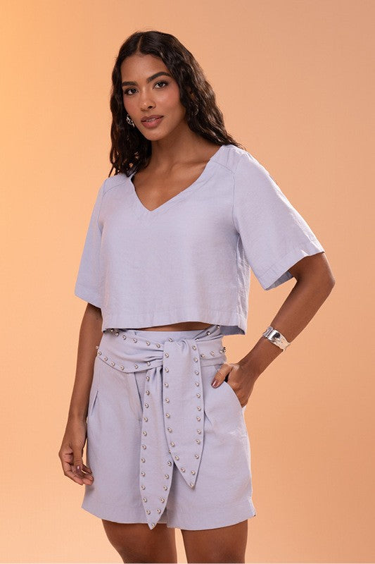 Conjunto Blusa Cropped Com Pesponto E Bermuda
