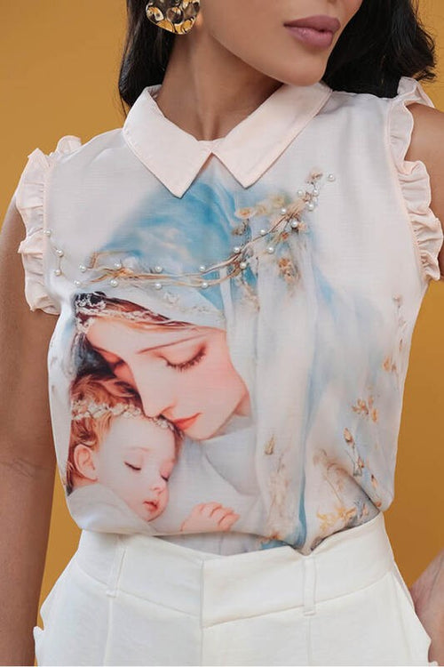 Carregar imagem 1 na visualização da galeria. Blusa Regata Com Gola E Perolas