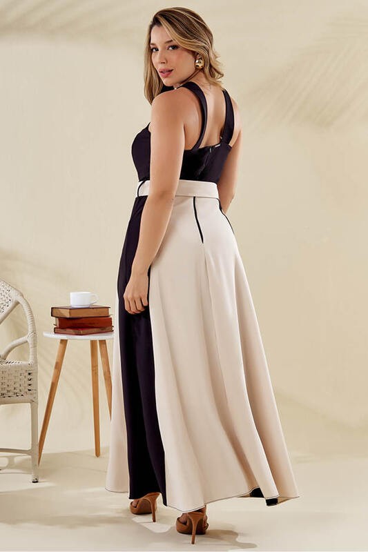 Vestido Longo Bicolor Transpassado Com Cinto