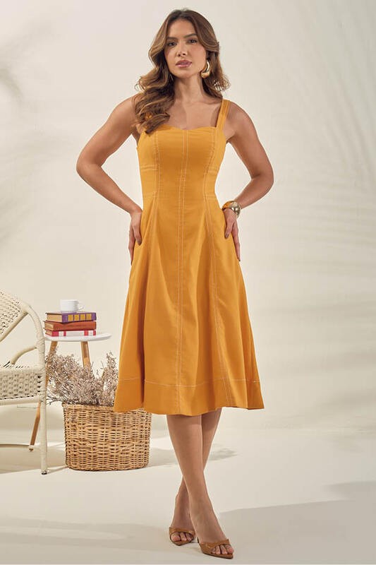 Vestido  Midi Com Pespontos