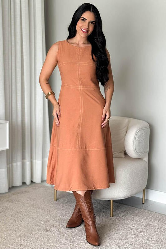 Vestido Midi Cavado Com Pesponto