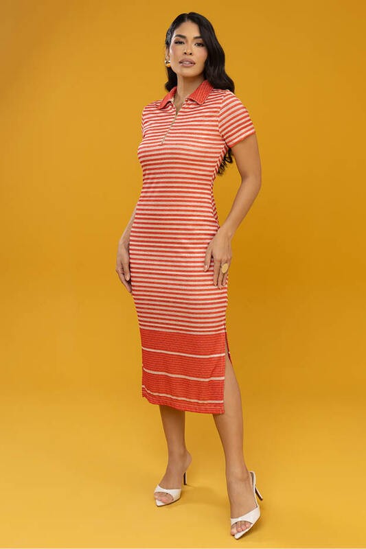 Vestido Midi Com Gola E Ziper Frontal