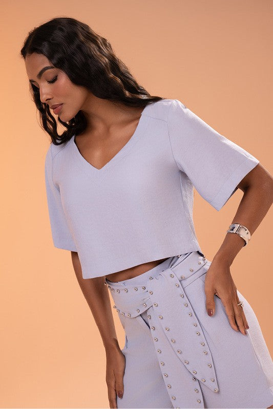 Conjunto Blusa Cropped Com Pesponto E Bermuda