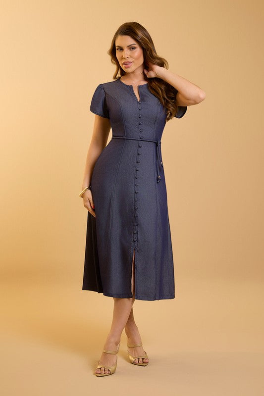 Vestido Midi Com Botoes Cobertos