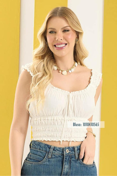 Carregar imagem 1 na visualização da galeria. Blusa Cropped Com Fru Frus E Laco