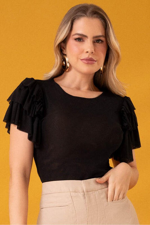 Carregar imagem 1 na visualização da galeria. Blusa Baby Look Em Tule Com Babados