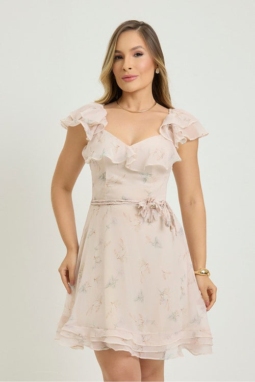 Carregar imagem 1 na visualização da galeria. Vestido Plano Curto Com Babados E Cinto Com Flor