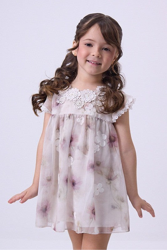 Vestido Plano Infantil Com Aplicacoes Flores E Perolas