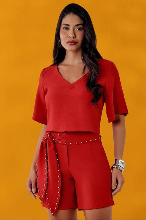 Carregar imagem 1 na visualização da galeria. Conjunto Blusa Cropped Com Pesponto E Bermuda